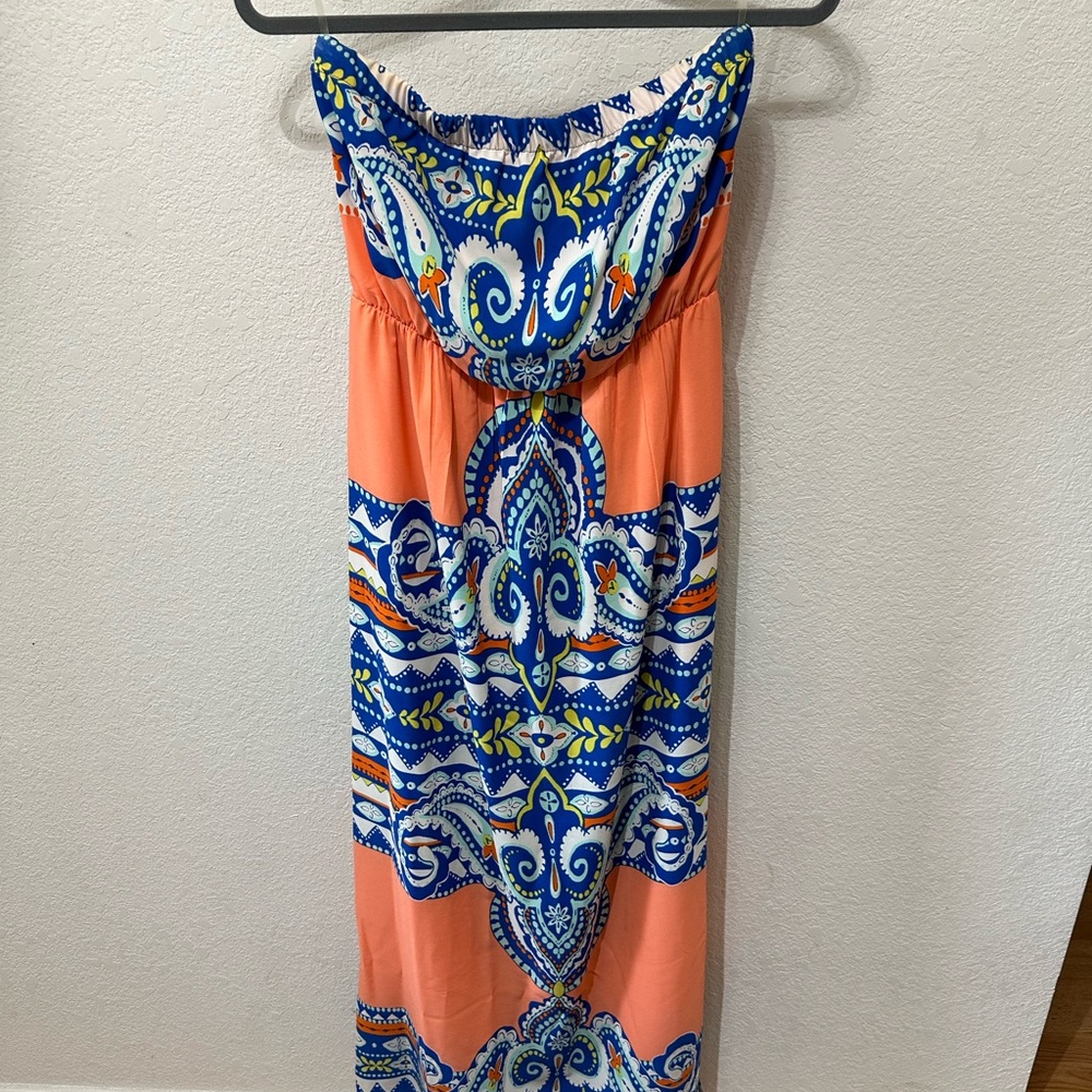 Bohemian Strapless Maxi Dress - Orange and Blue